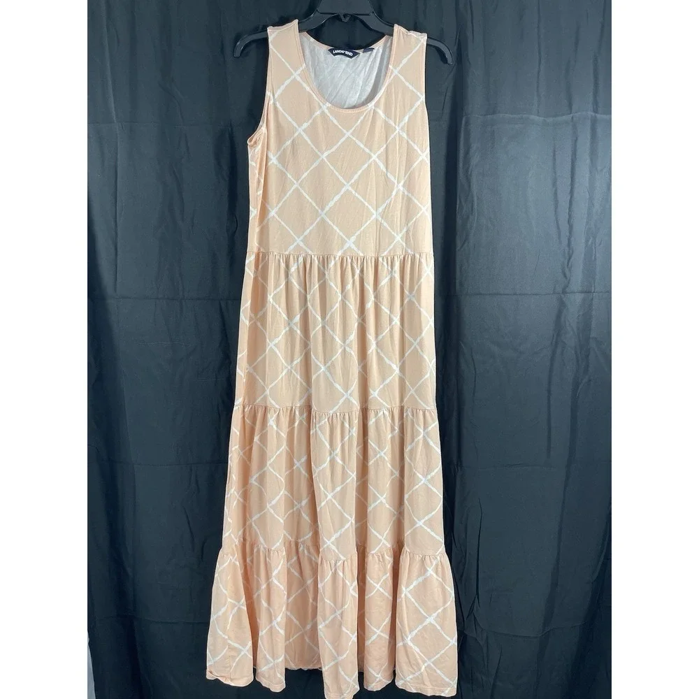 Lands' End Sleeveless Maxi Tiered Dress Peach Cotton Jersey Knit Beach Sz Medium